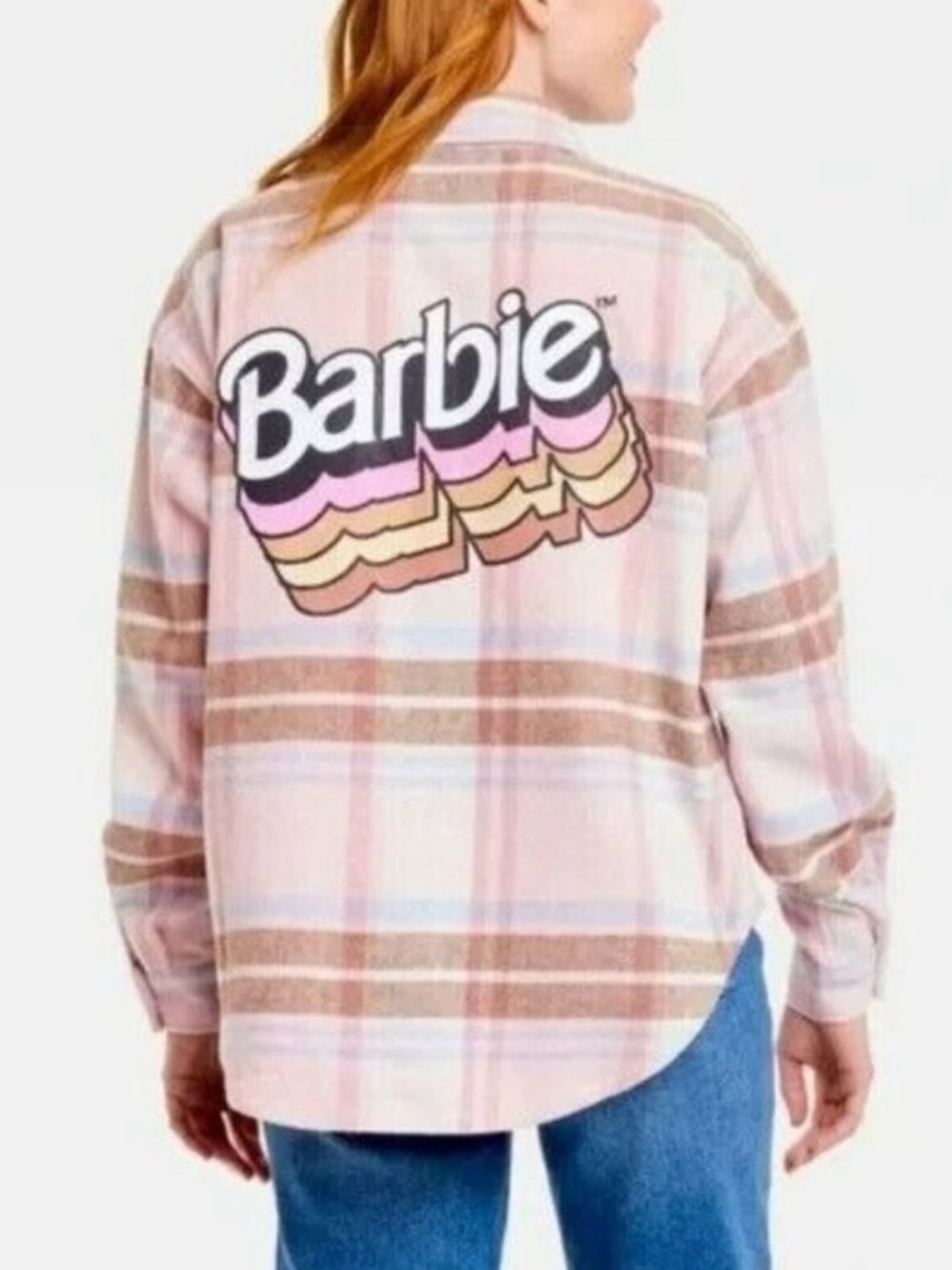 Barbie Womens Flannel Graphic Shacket Medium Pink Multicolor